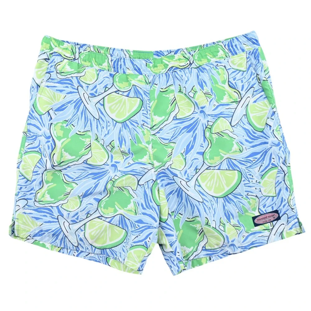 Vineyard Vines Chappy Swim Trunks Mens L Blue Green Margarita Lime Drink Print
